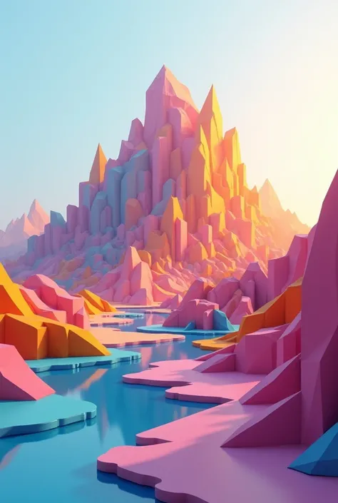 A large number of geometric colored blocks form a simple mountain，Simple styling，Light effects，Premium color matching，Tyndall effect，Near big far small 