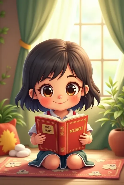 Create a cartoon image of a girl sitting reading a book facing forward