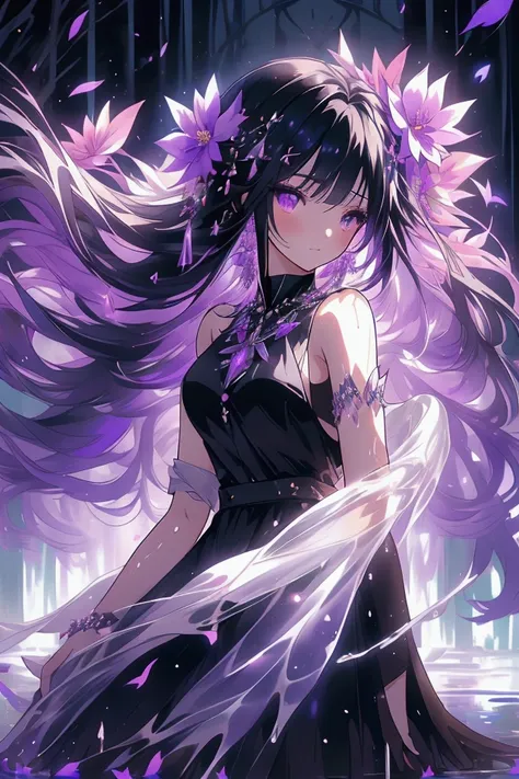 Beautiful anime woman, mature, long black hair, purple eyes, simple white dress, sleeveless dress, short dress, simple clothing, wet clothing, facing up, floating in water, pond, flower petals, night time, enchanted forest, moonlight, colorful, ethereal, p...