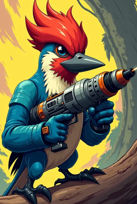 A shonen anime style woodpecker with a gun-shaped drill