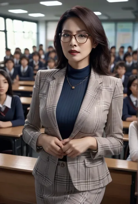 a mature elegant female teacher,see-through teacher outfit,seductive pose,classroom background,crowd of students,cinematic drama...