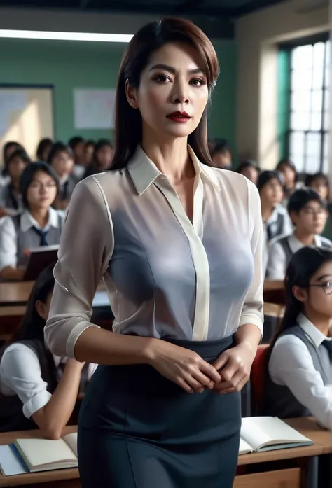 a mature elegant female teacher,see-through teacher outfit,seductive pose,classroom background,crowd of students,cinematic drama...