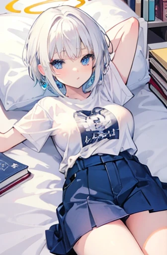 Anime, girl, teenage, short hair, white hair, plae blue eyes, cool, earrings, wearing a white over size t-shirt and panties, cute, angel wings and halo ring, medium boobs, laying on the bed, books,