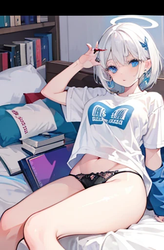 Anime, girl, teenage, short hair, white hair, plae blue eyes, cool, earrings, wearing a white over size t-shirt and panties, cute, angel wings and halo ring, medium boobs, laying on the bed, books,