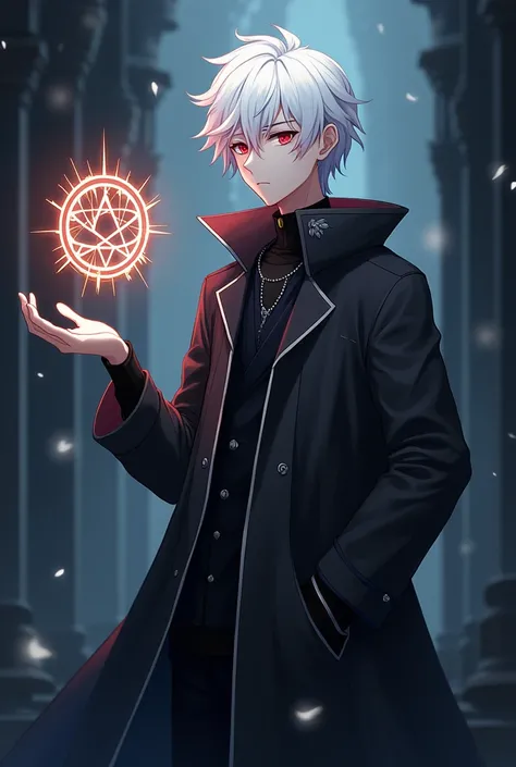 Inspired by the anime and manga black clover: Young male teenager aged 17, White hair, Red eyes, He has a magic mark with a symbol representing time on his left eye., black set like a long coat simulating holding a "grimorio", saying "grimorio" It would be...