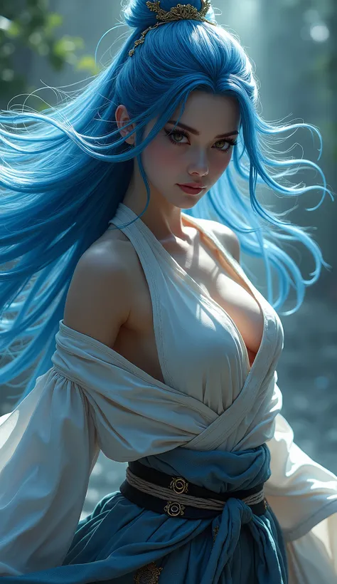 A beautiful sexy samurai, Blue long hair, (( Flying hair )), gorgeous face, beautiful delicate body, seductive body, wearing a sexy and seductive open kimono, wielding his light blue bladed Katana.

The image is of the highest quality, with every detail ca...