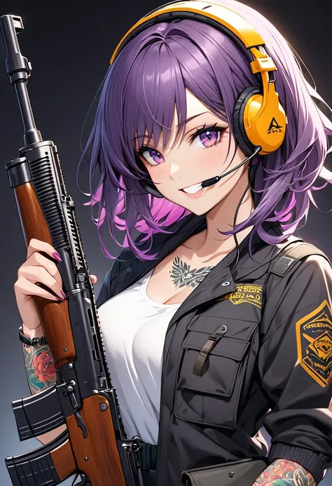 beautiful woman , With tattoos, holding an ak47 gun,Purple hair,headset,smiling