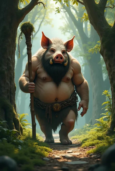 A long-bearded, big-fanged pig man holding a wooden stick walking alone in the middle of a mysterious forest 