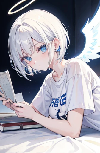 Anime, girl, teenage, short hair, white hair, plae blue eyes, cool, earrings, wearing a white over size t-shirt and panties, cute, angel wings and halo ring, medium boobs, laying on the bed, books,