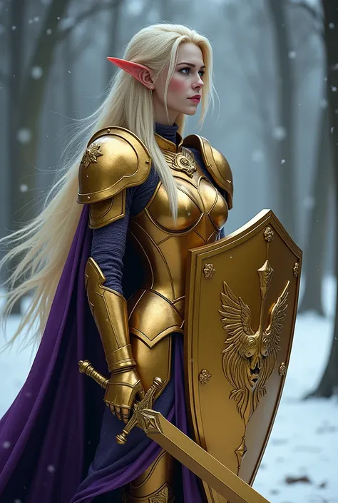 Tema del juego World of Warcraft Image of an female Blood elf Knight,aged 32,blonde Hair flowing with the wind,side view, standing holding her favourite golden sword and golden Shield(with griffon simbol),purple Skin, Long elf ears, bright glowing Golden e...