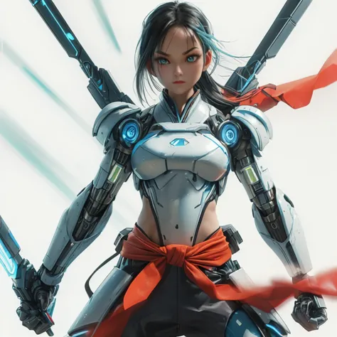 futuristic cybernetic fighter in a sleek, armored exosuit with glowing blue circuits, in a defensive combat stance, holding a plasma blade in one hand and a shield in the other, martial artist in a dynamic fighting stance, wearing traditional kung attire w...