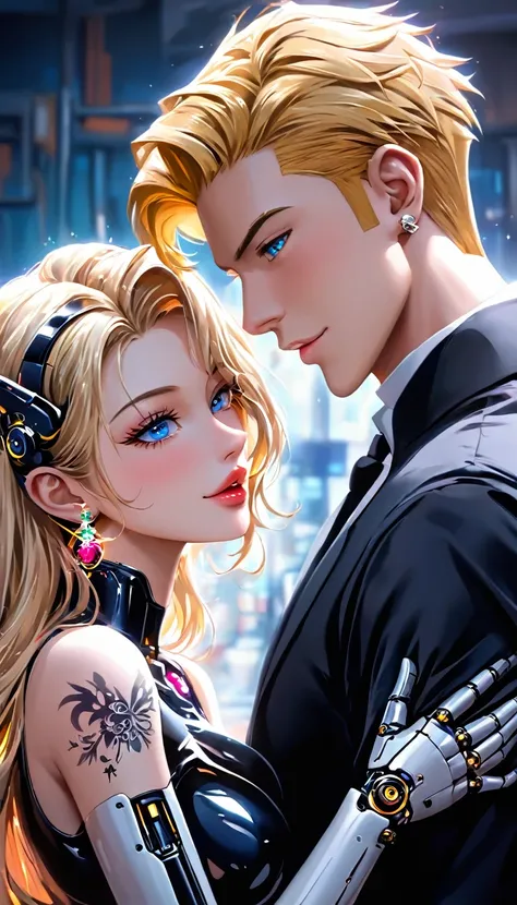 guy and girl ethereal demonic 2 anime guy 女 druids, metallic long light blonde hair, delicate masterpieceintimate delicate etched Shine neon tattoos, Amazing panoramic painting of a beautiful and gorgeous winking robot ((male)) I almost kissed her, Perfect...