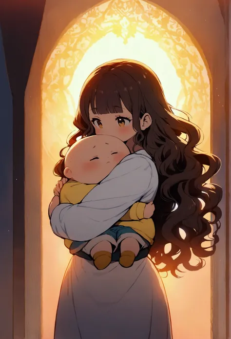  A chubby boy with wavy hair hugging a slim girl with straight-wavy hair and bangs