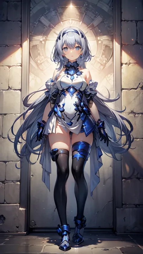 ((full body)),Teenage Girls in Anime, Blue and grey metal armor, Blue hand and thigh accessories, Short dark blue-gray hair, hair accessory, Grey Eyes, Silver earrings, nose, Curious, Healthy Skin, Very dirty, head, shoulder, Small box, arms, Have a map, N...