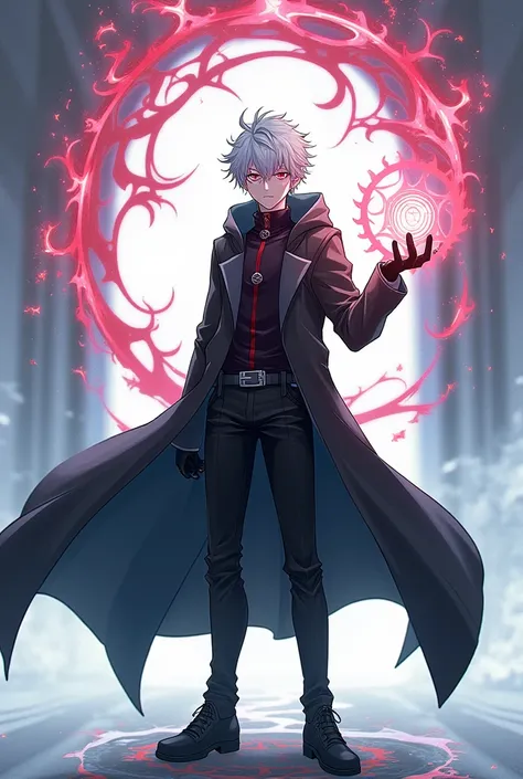 Inspired by the anime and manga black clover: Young male teenager aged 17, messy white hair, Red eyes, stomach 1.77cm, He has a magic mark with a symbol representing time on his left eye., black set like a long coat, pretending to hold a "grimorio", saying...