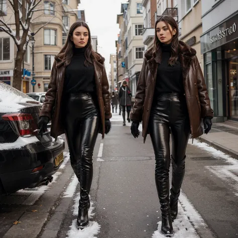 twenty years old lady wearing winter outfit consisting of fur coat, long leather gloves, shiny leggings and brown over the knee boots, she is walking winter street, highly detailed, realistic