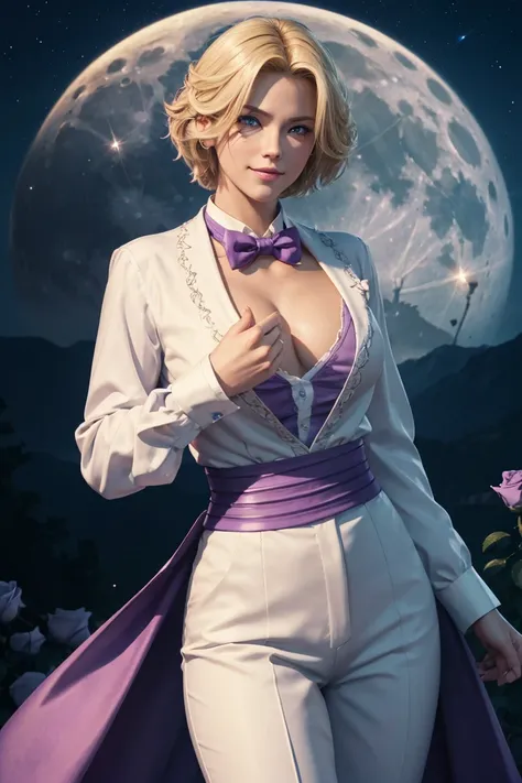 KOF,King of Fighters,King,Blue Eyes,Blonde Hair,Medium Hair,White long shirt,Purple vest,A bow tie,Beautiful white skin,Photorealistic,Ultra HD,high quality,masterpiece,Digital SLR,Detailed details,Intricate details,Anatomical basis,Depicted in detail,A de...