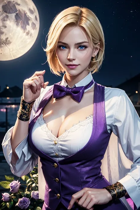 KOF,King of Fighters,King,Blue Eyes,Blonde Hair,Medium Hair,White long shirt,Purple vest,A bow tie,Beautiful white skin,Photorealistic,Ultra HD,high quality,masterpiece,Digital SLR,Detailed details,Intricate details,Anatomical basis,Depicted in detail,A de...