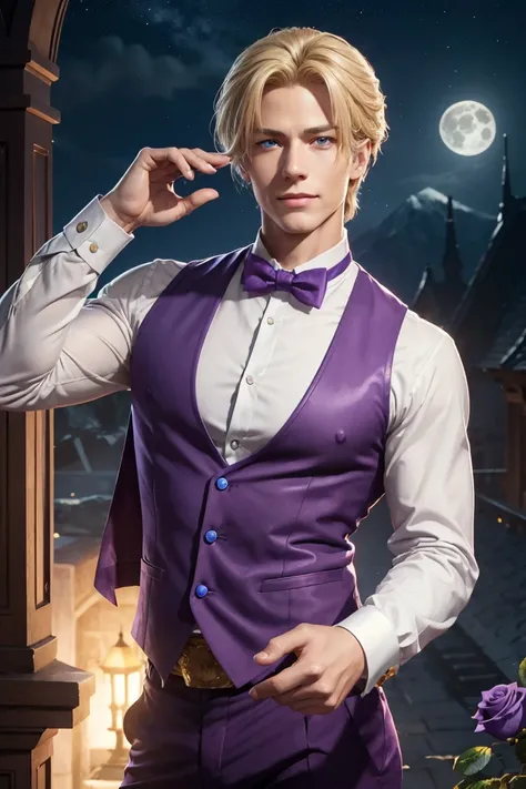 KOF,King of Fighters,King,Blue Eyes,Blonde Hair,Medium Hair,White long shirt,Purple vest,A bow tie,Beautiful white skin,Photorealistic,Ultra HD,high quality,masterpiece,Digital SLR,Detailed details,Intricate details,Anatomical basis,Depicted in detail,A de...