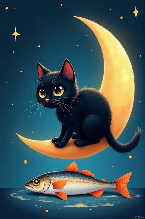 A cute black cat is sitting on top of the moon, the sky is around it, a fish is placed in front of the black cat, it is preparing to eat it.