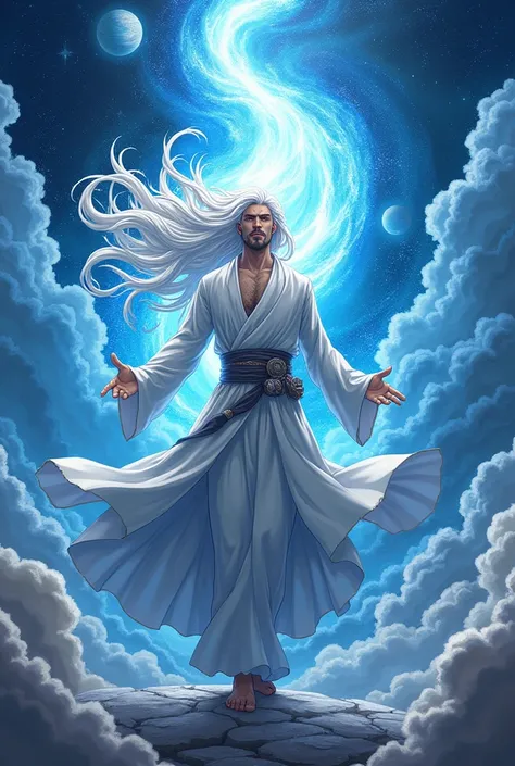 Generate a most powerful Muslim male
 anime character with powerful aura in galaxy with white hair and or more powerful 


