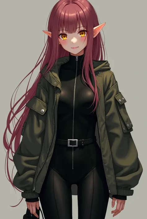 A girl with dark pink/ maroon hair, yellow eyes, fair skin, she is wearing a black body suit with a zipper in the front but an oversized army jacket over top, she also has black combat boots on. She also has natura pointy elf ears. She has a pleasant expre...