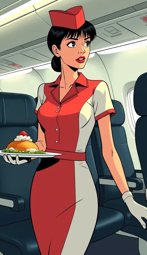 stewardess, Air France, In-flight services, Cel Shading, Bold outline, Flat Color, Sharp Shadow, Graphic Style, (Manga influence:1.3), Beautiful line drawing, Impressive visuals,comics