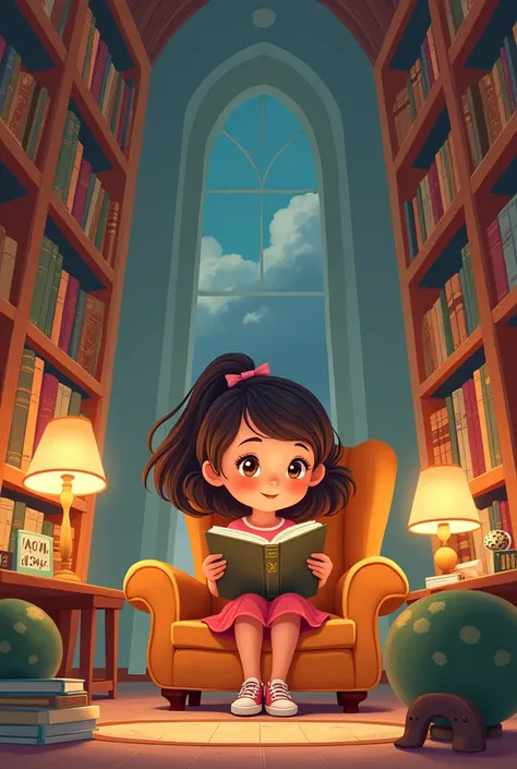 Create a cartoon-like image of a girl sitting reading a book in a library