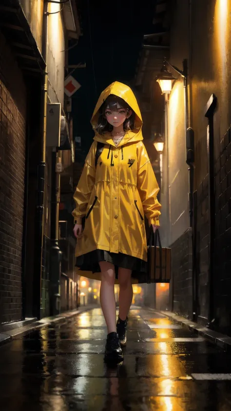 A beautiful cute girl dressed in a yellow hooded raincoat, carrying a wooden crate labeled HODL. The girl is running through a dark, rain-soaked alley with a determined expression, wearing a backpack and a pendant around her neck. The scene is gritty and a...