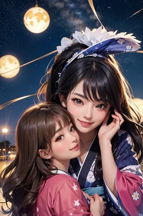 On a starry night, two beautiful girls in kimonos are looking at each other, smiling and having fun with their faces close together.