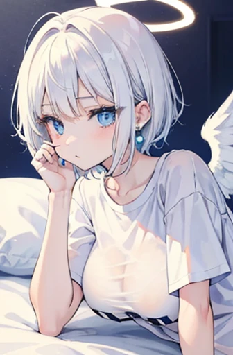 Anime, girl, teenage, short hair, white hair, plae blue eyes, cool, earrings, wearing a white over size t-shirt and panties, cute, angel wings and halo ring, medium boobs, laying on the bed, cigarette packs,