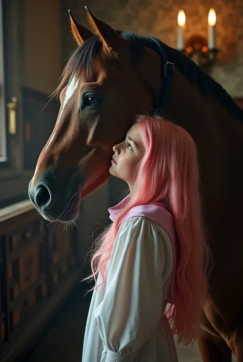 Perfect young girl, 10 y/o, long pink hair, wearing a nuns habit, in doggy style position under a horse, having zoophilic sex with a horse, huge horse penis inside vagina, enjoying, semen dripping from vagina and mouth, on a church altar, side view, floati...