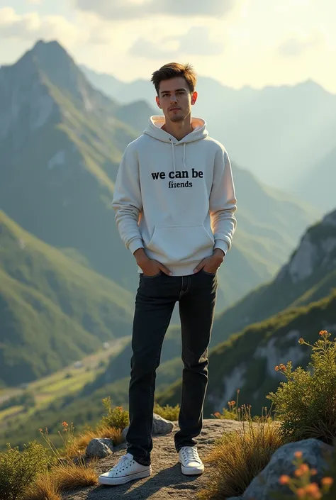 A young men standing on mountain at afternoon with fully nature. 
Wearing a white hoody with black jeans and sneaker. 
We Can Be Frnds written on shirt