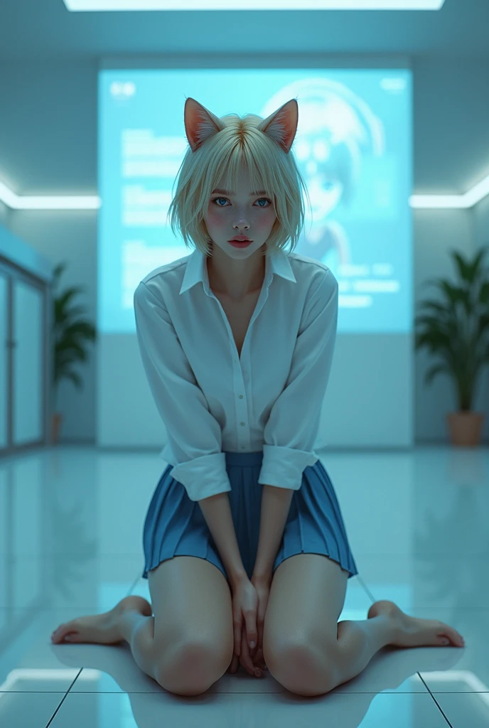 (photorealism:1.2), beautiful woman, swedish, blonde,sad, pensive, assistant, white shirt,legs apart, speading, crouching, pleated blue skirt, white underwear, 18yo, corporate lobby, white floor and ceiling, blue lighting, hologram, projection,looking at c...