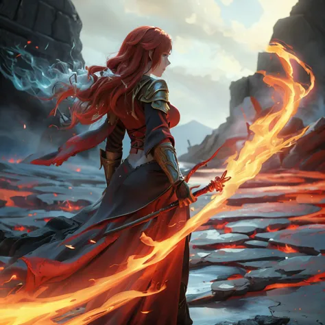 A female mage fighter with flowing red hair, dressed in a tattered robe, casting a fiery spell with one hand while wielding a staff with the other, flames and embers swirling around her, eyes glowing with magical power, standing on a rocky battlefield with...