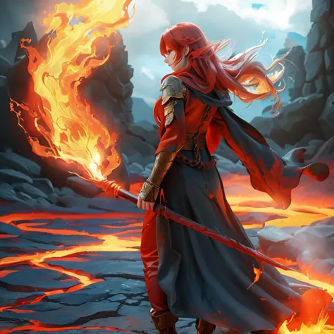 A female mage fighter with flowing red hair, dressed in a tattered robe, casting a fiery spell with one hand while wielding a staff with the other, flames and embers swirling around her, eyes glowing with magical power, standing on a rocky battlefield with...