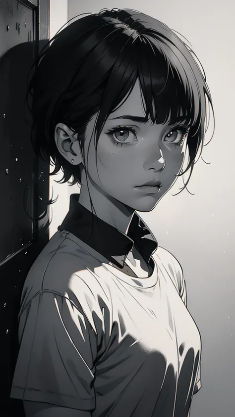 1 boyish girl, solo, sharp eyes, monochrome, greyscale, short black hair, portrait, white T-shirt, closed mouth, looking at viewer, graphite (medium), detailed lips, hatching (texture), without makeup, bangs, upper body, (best illustration), (best quality)...