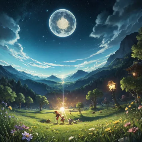 [((Masterpiece)), ((Highest quality)), An illustration,A shining spring in the grassland at night。game『Crystal Chronicles』Draw a large crystal]