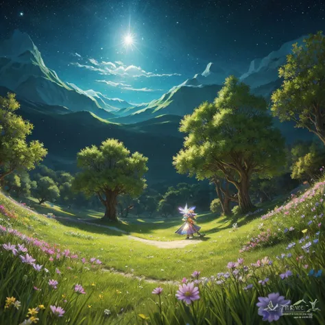 [((Masterpiece)), ((Highest quality)), An illustration,A shining spring in the grassland at night。game『Crystal Chronicles』Draw a large crystal]