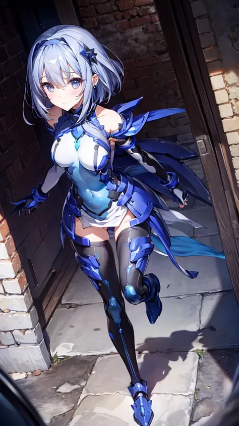 ((full body)),Teenage Girls in Anime, Blue and grey metal armor, Blue hand and thigh accessories, Short dark blue-gray hair, hair accessory, Grey Eyes, Silver earrings, nose, Curious, Healthy Skin, Very dirty, head, shoulder, Small box, arms, Have a map, N...