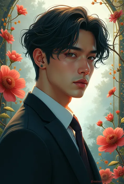 A close up of a person in a suit and tie with flowers will and james jean,egsociety,artwork in the style of guweiz ,loish and ross tran ,handsome guy in demon slayer art,akehiko Inoue and ross tran,digital art #oneshotgame ,inspired by Yanjun cheng