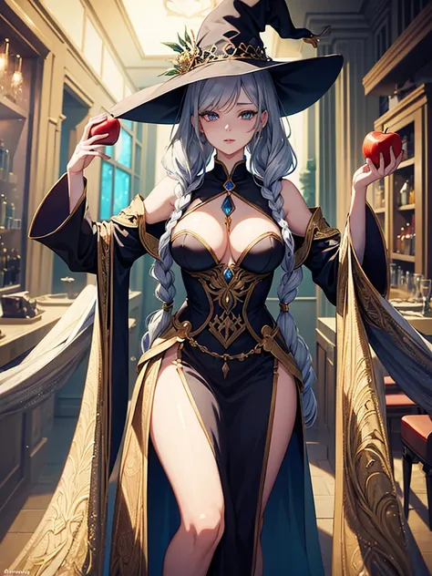 A beautiful anime girl wearing a wizard’s hat and holding an apple stands in front of a bar. This high-quality, detailed illustration features a dark witch with provocative vibes. Her silver hair is intricately woven into loose braids, and her detailed fac...