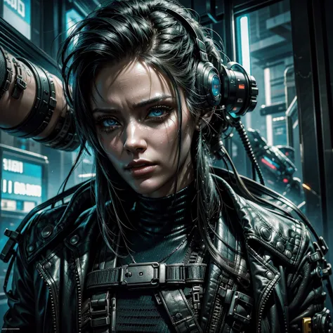 a cyberpunk woman in an apocalyptic scenario, in the scenario we see cyborgs and futuristic technological means, hyper-realistic, hyper-detailed, photo-realistic, perfect-details, intricate-details, high quality 