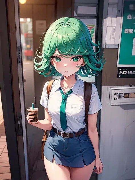 (high res, 8K, masterpiece, looking at viewer, best quality, very aesthetic, ultra detailed, ultra background, ultra Eyes) intricate details, 1girl, Tatsumaki, Chibi, short sleeved white shirt, Light Blue Gray short skirt, Pockets on the left chest, Light ...