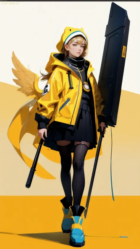 cartoon duck  girl in yellow raincoat carrying a box with a sign, concept art inspired by Jacob Duck,  yellow background, pixiv contest winner, conceptual art, wojtek fus, fantasy duck concept portrait, robot duck concept portrait, stefan koidl inspired, a...