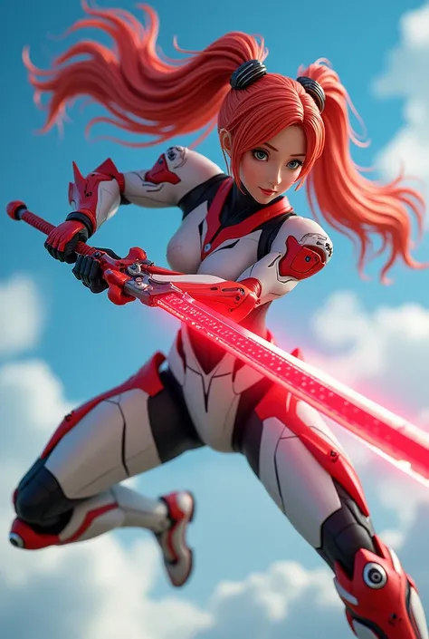 a detailed girl in mechanical red and white robot armor, holding a long red and white sword, flying dynamically through a blue sky, beautiful detailed eyes, lips, skin, long red hair in twin tails, red and white mechanical barrette, highly detailed pattern...