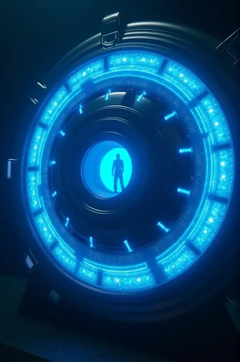 Arc reactor in blue colour circular shape with blinking blue light and iron man reflection at the centre of an arc reactor 