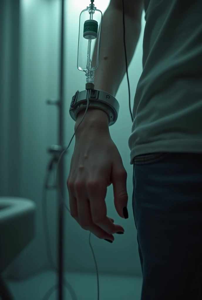 Creates a teenage male hand connected to an IV, that can be seen from the patient&#39;s perspective and that has black nails
