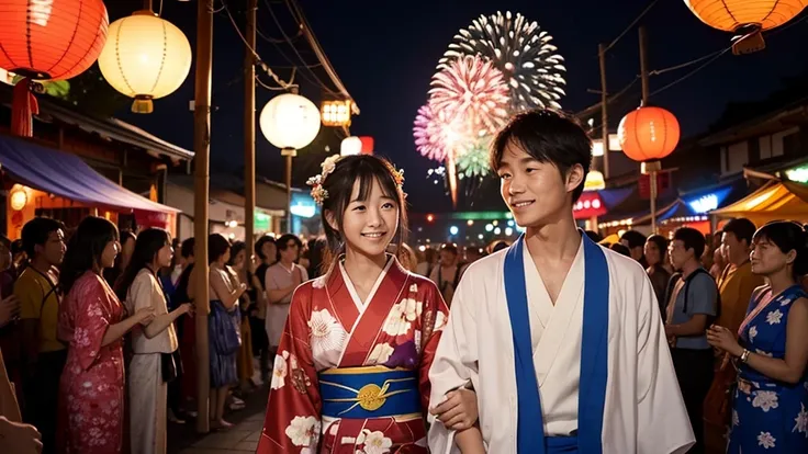 Summer Festival Night:  提灯が並ぶSummer Festival Night、Men and women in yukata standing side by side。In the crowd、We are holding hands、There is a sense of foreboding in his expression。The fireworks look small in the distance。