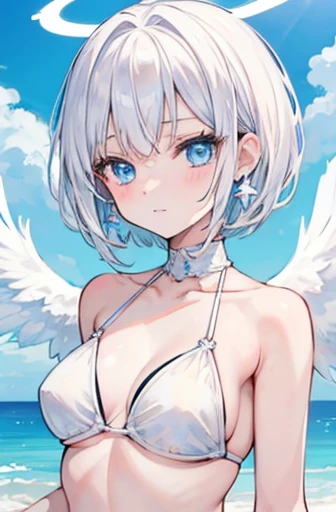 Anime, girl, teenage, short hair, white hair, plae blue eyes, cool, earrings, wearing a white bikini, cute, angel wings and halo ring, medium boobs, beach, small smile,